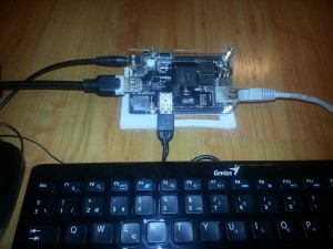 Conexión básica del Cubieboard. Derecha cable de red. Izquierda Alimentacion y salida HDMI. Abajo Mouse y Teclado USB